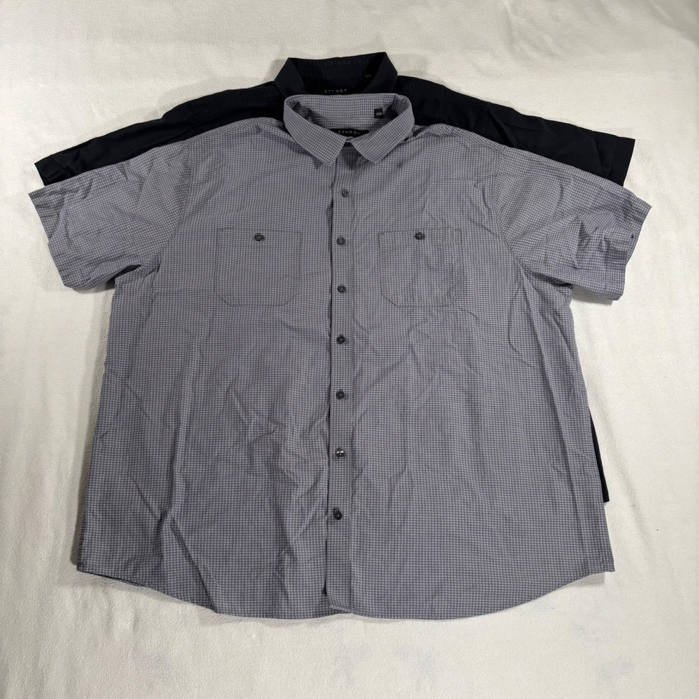 SYNRGY Button Down Shirt Mens 2XL Big&Tall Black Grey 2 Pack Short Sleeve Cotton